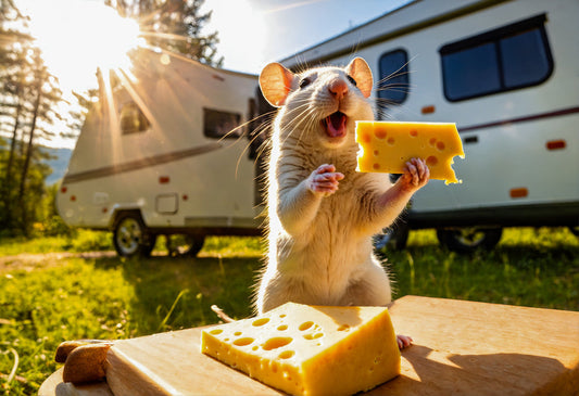 Mouse with cheese in front of camper
