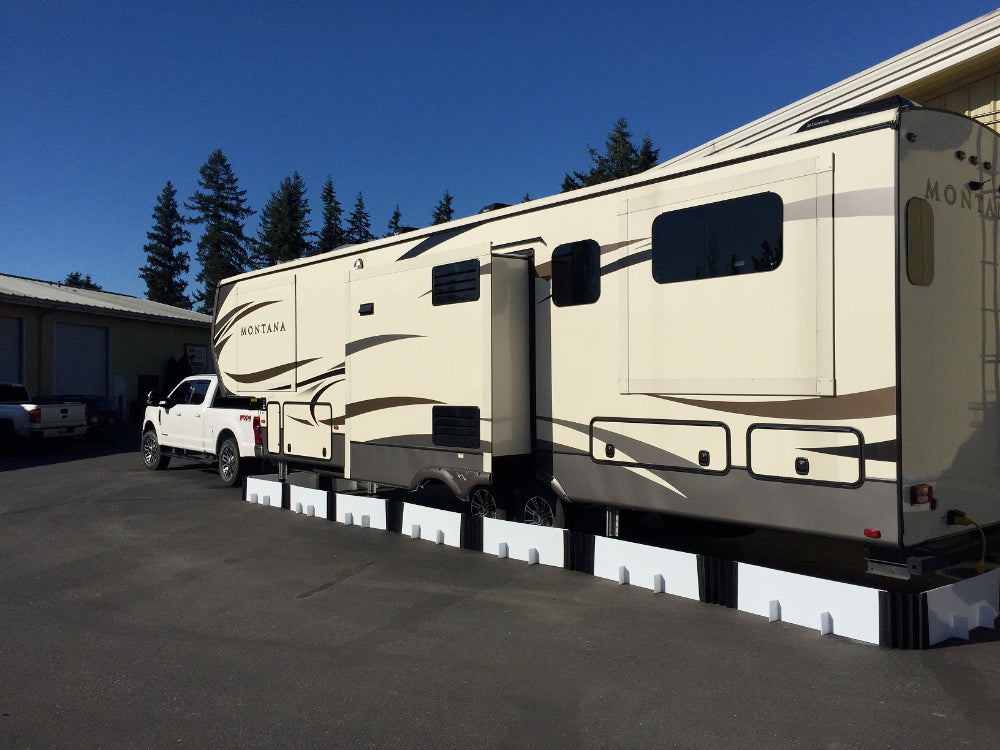 Box-Kat mouse barrier protecting an RV trailer