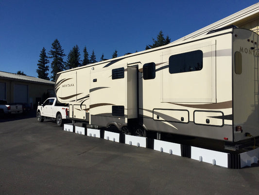 Box-Kat mouse barrier protecting an RV trailer
