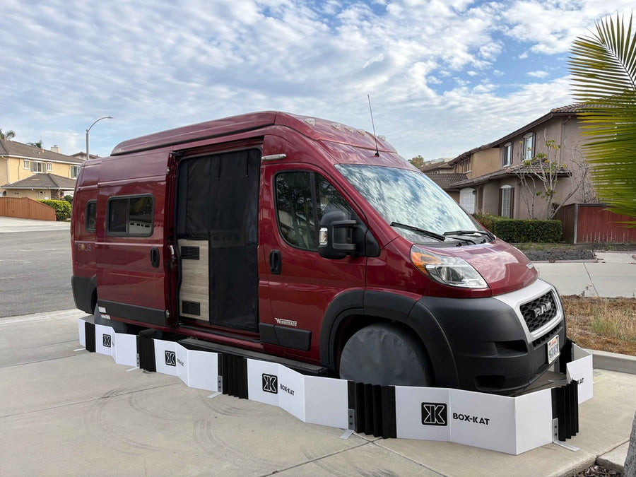 Box-Kat mouse barrier protecting a red camper van in a driveway