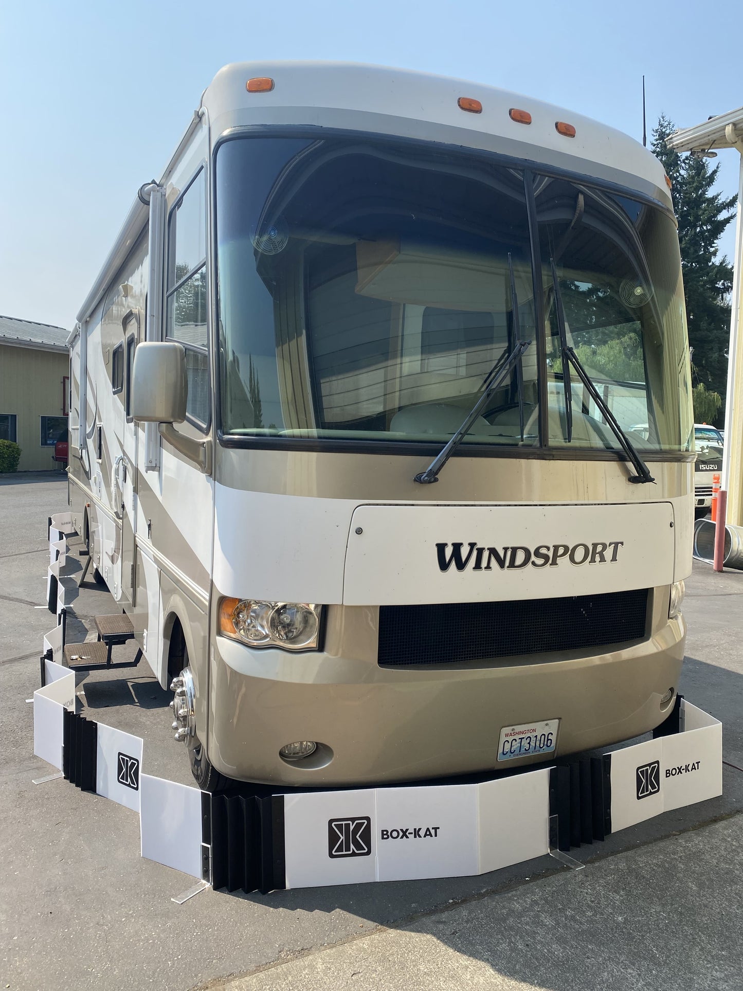 Windsport RV parked inside a Box-Kat mouse barrier