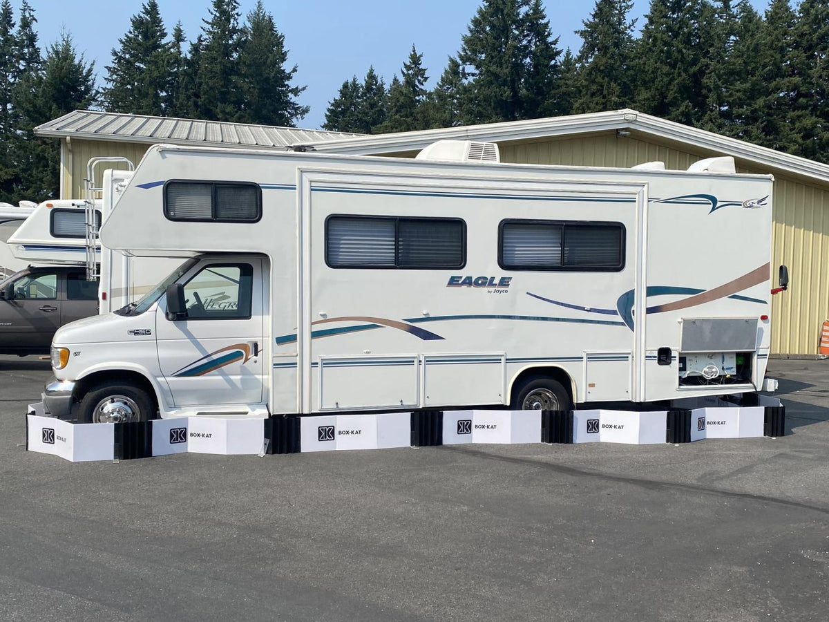 White RV parked outdoors inside a box-kat mouse barrier